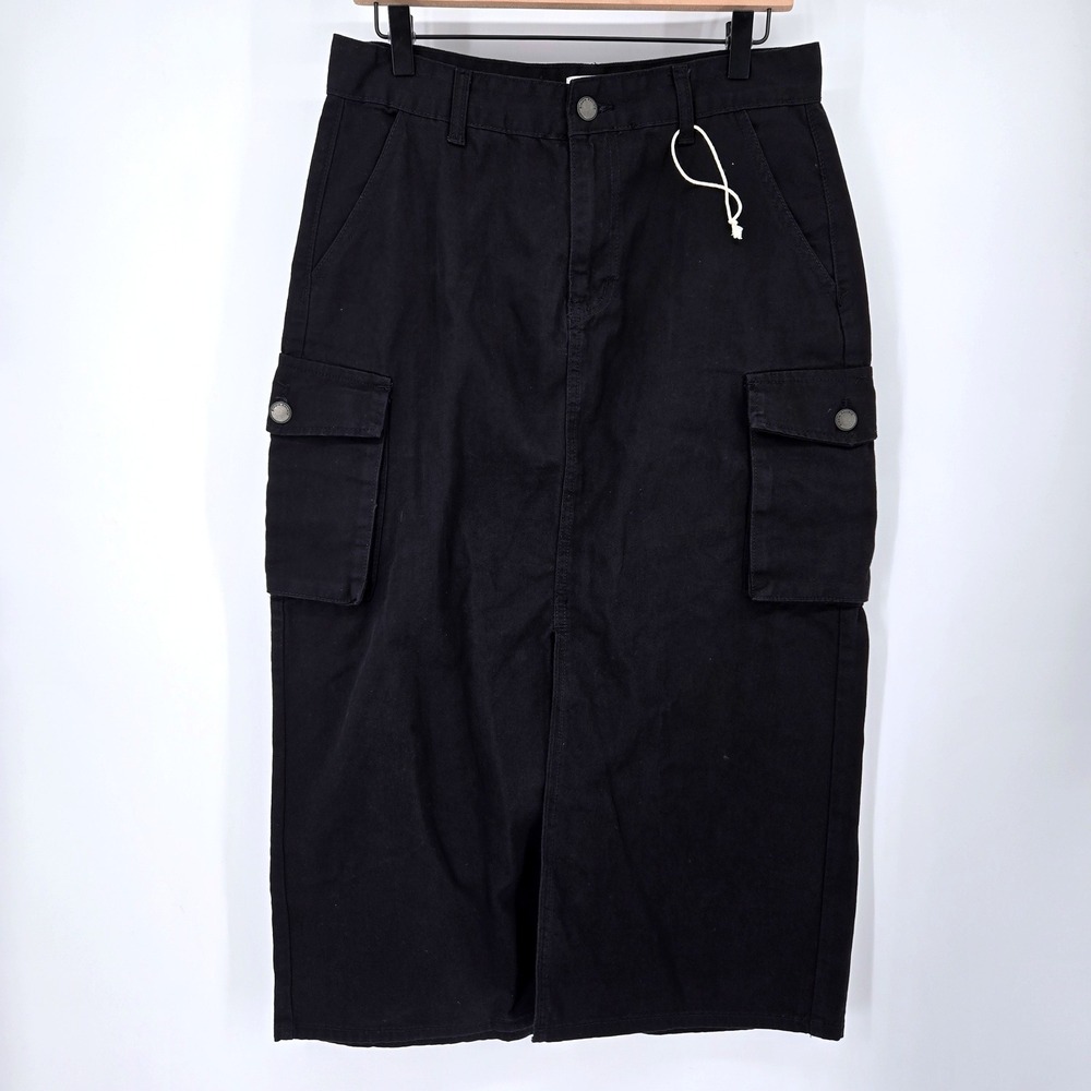Simple Society Black Cargo Maxi Skirt Long Utility Midi Slit Large Gorpcore NWOT